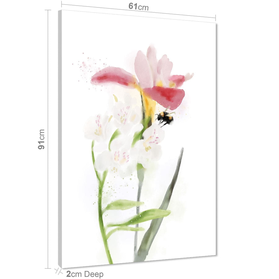 Pink Yellow Flower and Bumble Bee Floral Canvas Wall Art Print