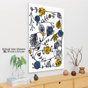 Mustard Yellow Blue Abstract Flowers Floral Canvas Wall Art Picture