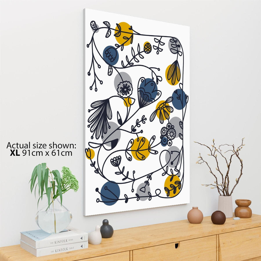 Mustard Yellow Blue Abstract Flowers Floral Canvas Wall Art Picture