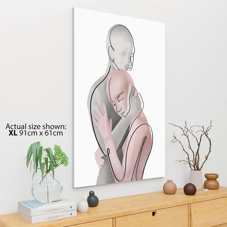 Pink Grey Figurative Romantic Couple Embrace Canvas Art Pictures