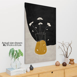 Mustard Yellow Black Vase and Flowers Drawing Floral Canvas Wall Art Print