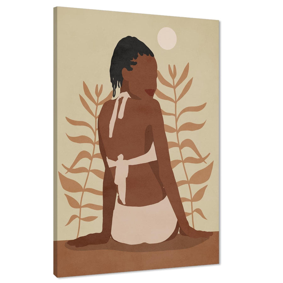 Brown Beige Figurative African Woman In Sun Canvas Wall Art Print