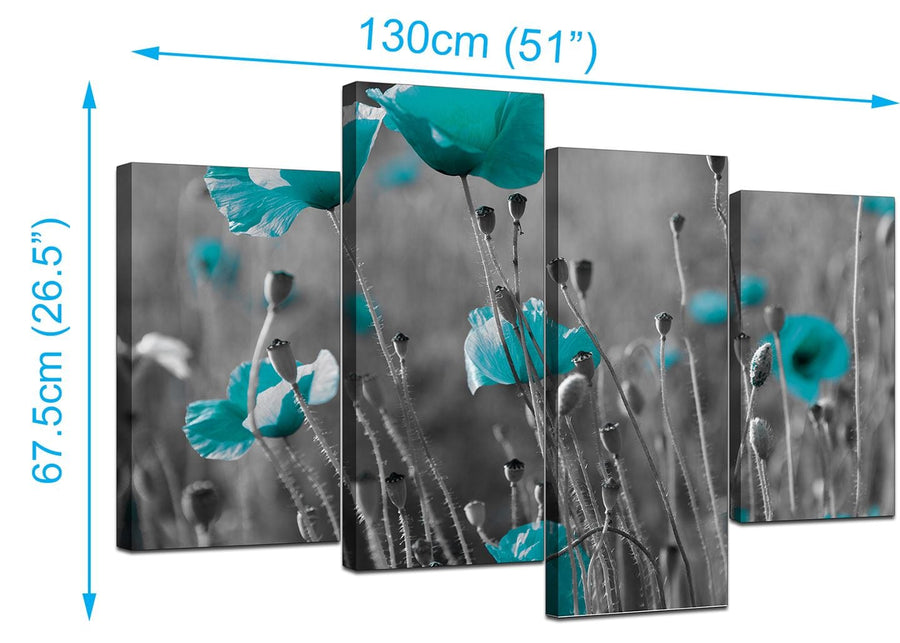 Teal Poppy Grey Black Poppies Flower Floral Canvas - 4 Part Set - 130cm - 4139