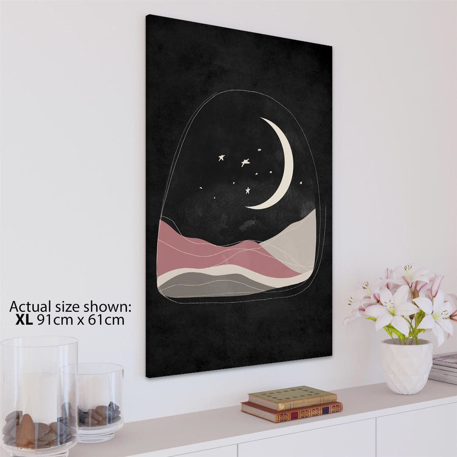 Black and White Pink Stars and Moon Canvas Wall Art Print