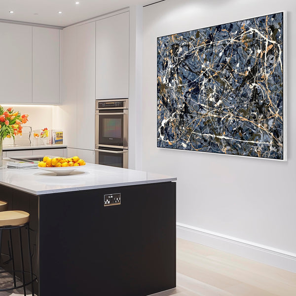 Blue Cream Abstract Framed Canvas Picture Jackson Pollock Style