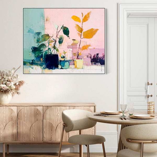 Abstract Colourul Floral - Pink Green Framed Canvas Art Print