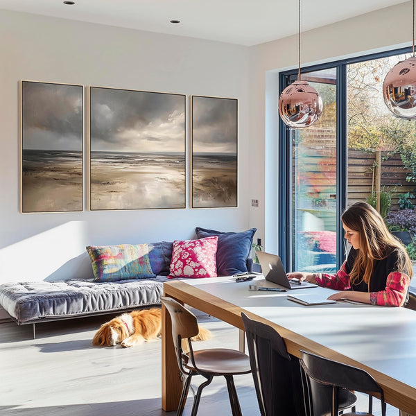 Extra Large Grey Neutral Set of 3 Framed Canvas Abstract - Dream Horizon