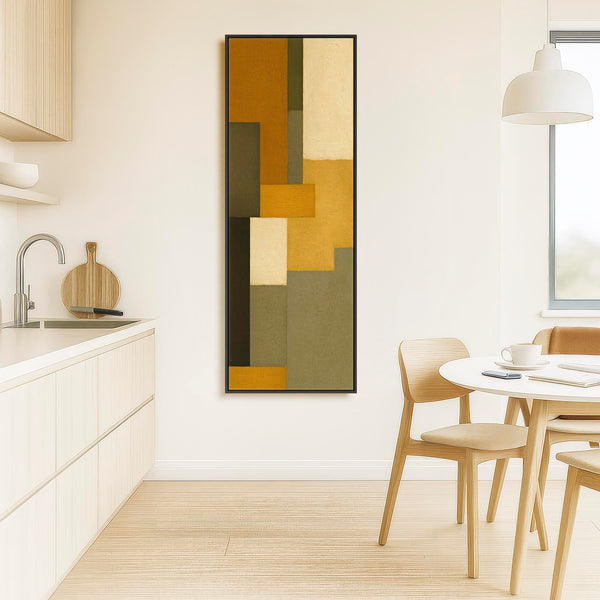 Tall Mustard Green Narrow Framed Canvas Abstract - Earthy Tones