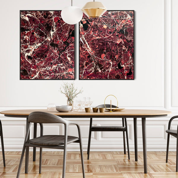 Pair XL Burgundy Framed Wall Art Abstract Expression Set 2