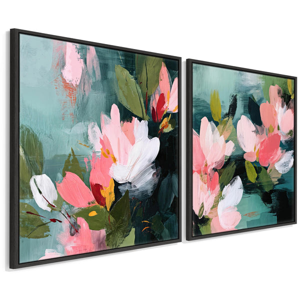 Extra Large Pair Abstract Floral Framed Canvas Art Pink Green