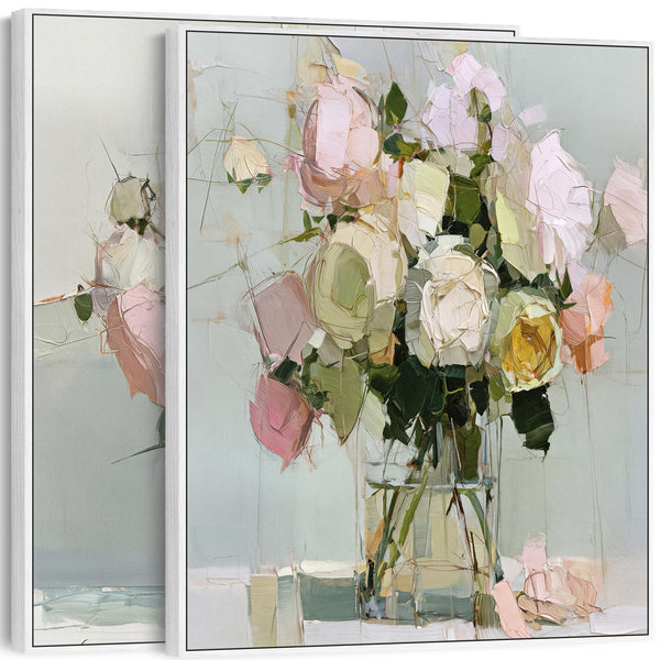 Large Abstract Floral Pink Green Pair Framed Canvas Art Set 2