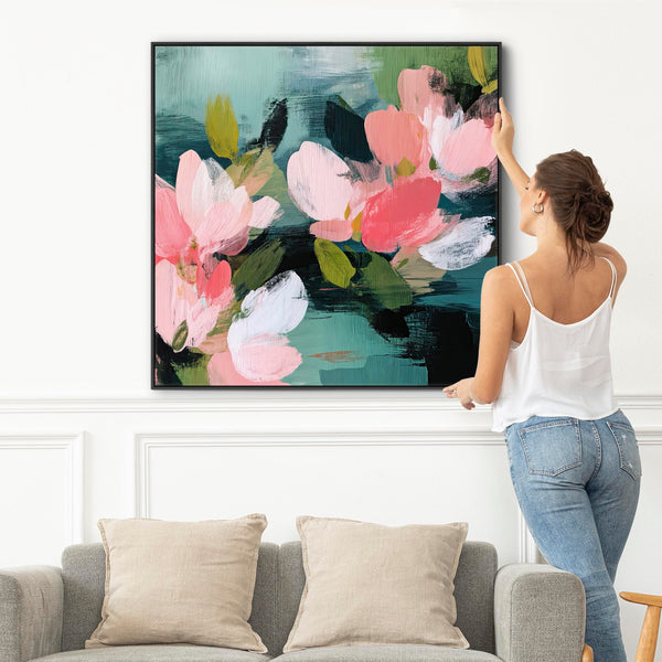 Large Abstract Floral Canvas Wall Art Framed - Pink Green