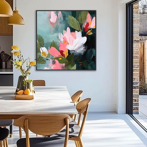 Square Pink Green Abstract Floral Canvas Framed Wall Art