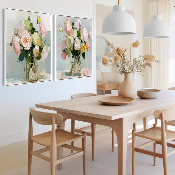 Large Abstract Floral Pink Green Pair Framed Canvas Art Set 2