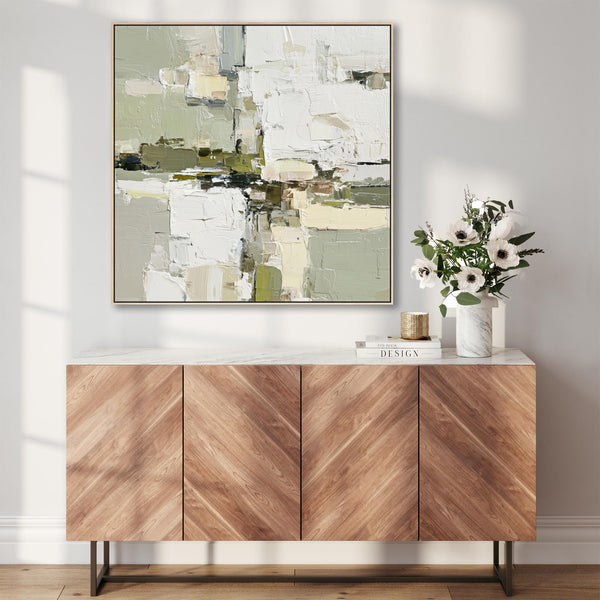 Abstract Green White Painting - 2 - Framed Contemporary Canvas Art Print