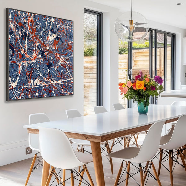 Living Room Framed Canvas Abstract Jackson Pollock Style Blue