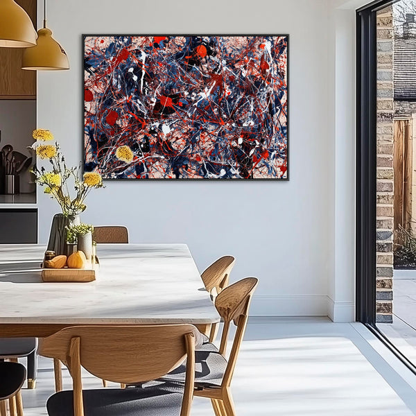 Abstract Jackson Pollock Style Framed Canvas Picture - Blue Red