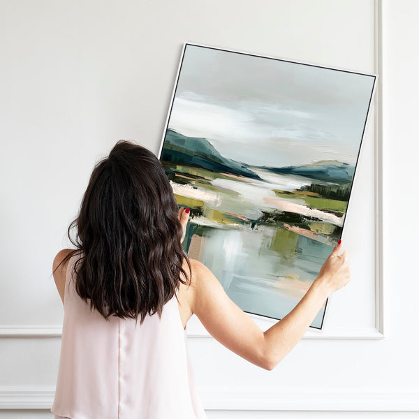 Framed Artwork Canvas Art Print Abstract Landscape Mountain Vista 1 - Green