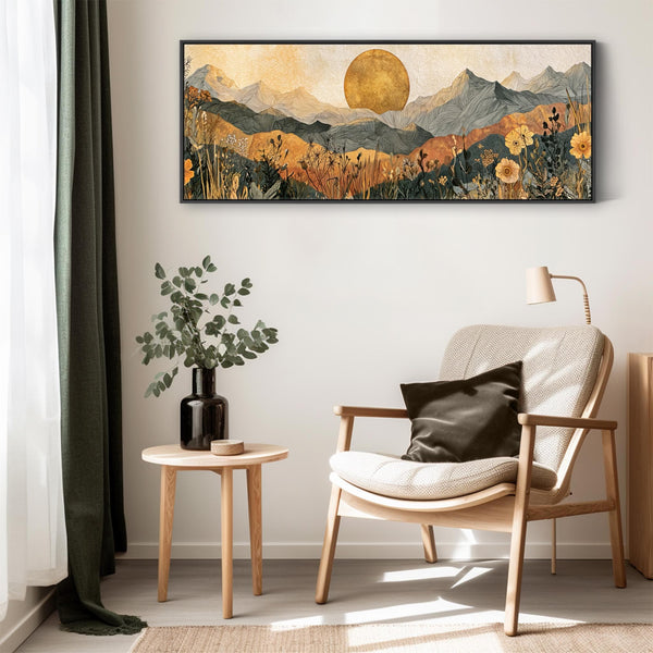 Wide Orange Grey Abstract Landscape - Boho Framed Canvas Art