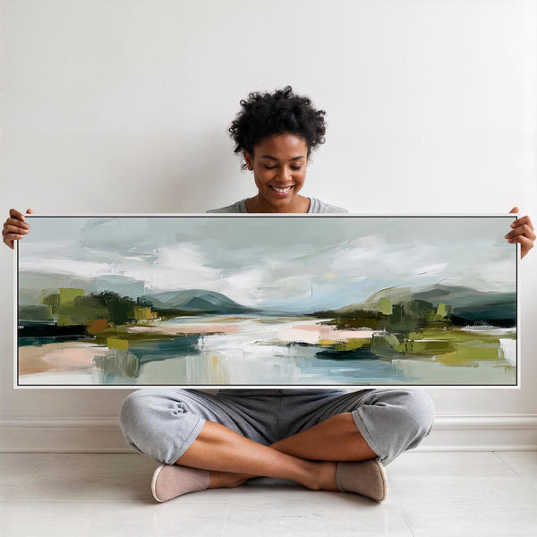 Wide Artwork Canvas Print Framed Abstract Landscape Scene - Green