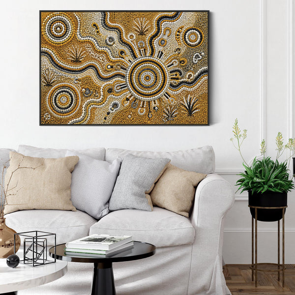 Mustard Yellow Abstract Framed Aboriginal Canvas Print - Kitarra