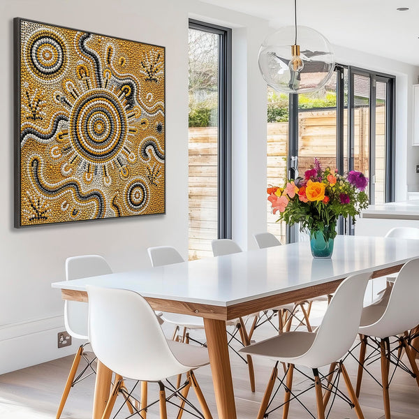 Mustard Yellow Abstract Framed Aboriginal Canvas Artwork - Biralla