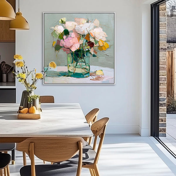 Abstract Pink Green Floral Framed Artwork Canvas