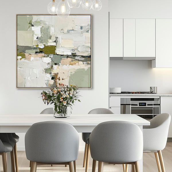 Abstract Green White Painting - 1 - Framed Contemporary Canvas Art