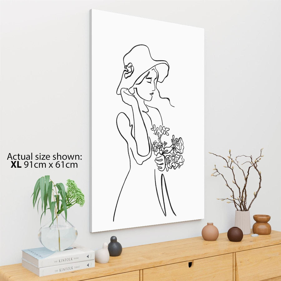 Black and White Figurative Young Woman in Hat Line Drawing Canvas Wall Art Picture