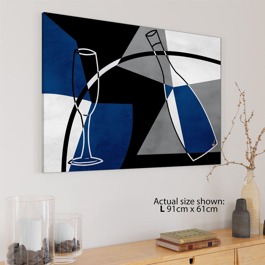 Abstract Blue Black and White Champagne Bottle and Glass Canvas Art Pictures