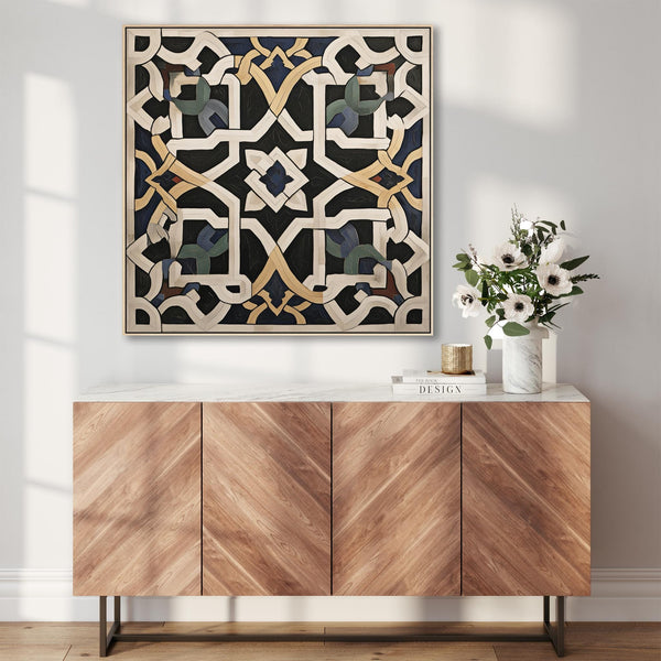 Alhambra - Moroccan Mosaic Framed Canvas - Black Cream Abstract