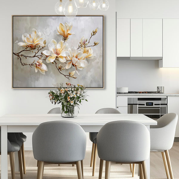 Large Kitchen Wall Art Floral Magnolia Warmth - Framed Canvas
