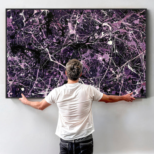 Purple Aubergine Framed Abstract Canvas - Jackson Pollock Style