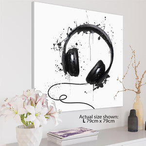 Headphones Canvas Wall Art Picture Black and White Music Themed