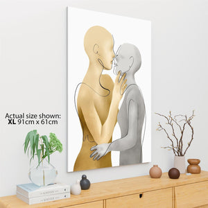 Yellow Grey Figurative Couple Kiss Canvas Art Pictures