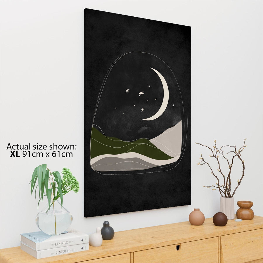 Black and White Green Stars and Moon Canvas Wall Art Print