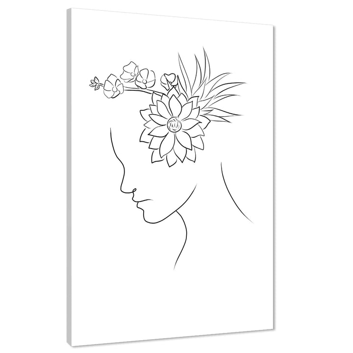 Black and White Figurative Face and Flowers Line Drawing Canvas Wall Art Picture - 1RP1435M