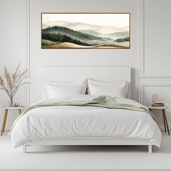 Bedroom Wall Art Canvas Framed Green Cream over Bed Artwork