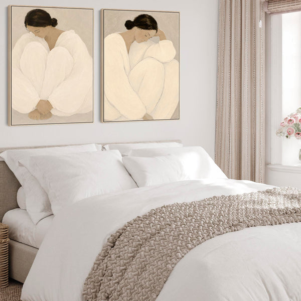 Pair of Framed Bedroom Art - Serene Silence - Neutral Beige - Set of 2