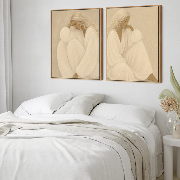 Pair of Framed Bedroom Art - Thoughtful Moment - Neutral Beige - Set of 2