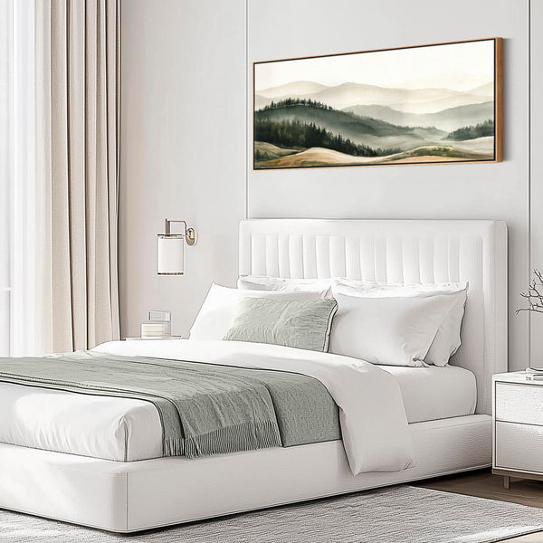 Bedroom Wall Art Canvas Framed Green Cream over Bed Artwork