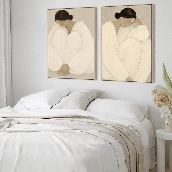 Pair of Framed Bedroom Art - Serene Silence - Neutral Beige - Set of 2