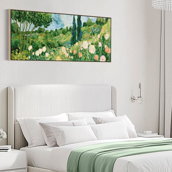 Wide Bedroom Framed Wall Art - Abstract Van Gogh Spring Meadow