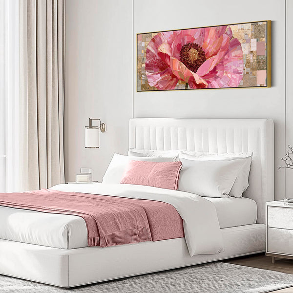 Wide Pink Gold Cream Floral Bedroom Framed Canvas for Over bed