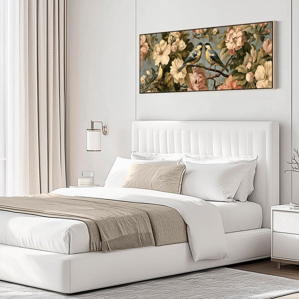Wide Bedroom Framed Canvas Art over Bed Vintage Birds Flowers