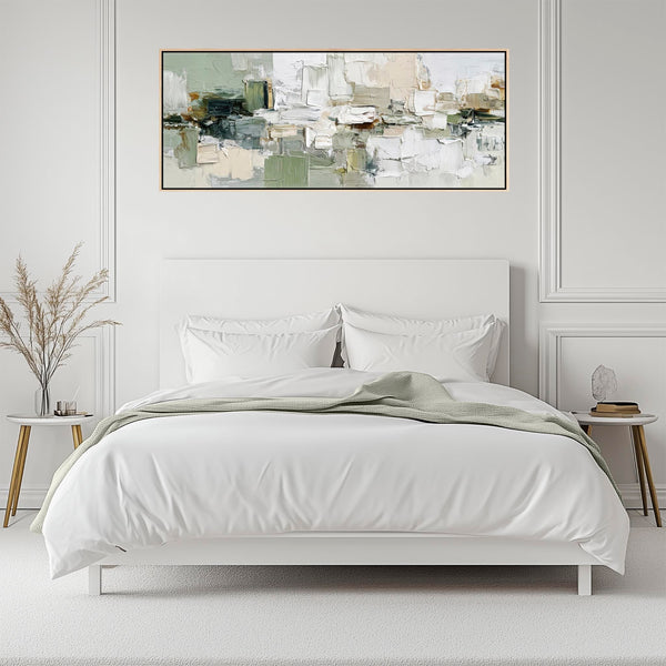 Wide Bedroom Wall Art Canvas - Green White Abstract - over Bed