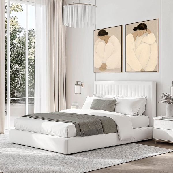 Pair of Framed Bedroom Art - Serene Silence - Neutral Beige - Set of 2