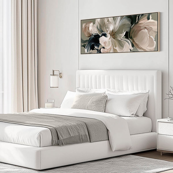 Wide Framed Bedroom Canvas Print Sage Green Pink over Bed Art