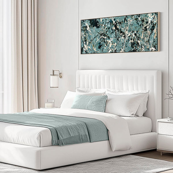 Wide Framed Bedroom Artwork Canvas Teal Green Splash over Bed