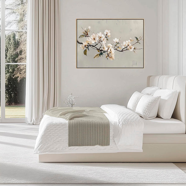 Neutral Cream Grey Framed Bedroom Wall Art over Bed - Spring